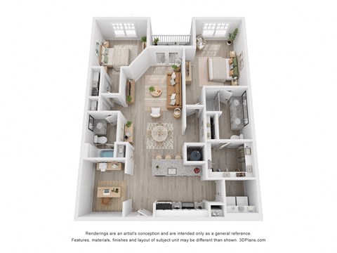 Floor plan for 2 beds, 2 baths, 1293 sqft